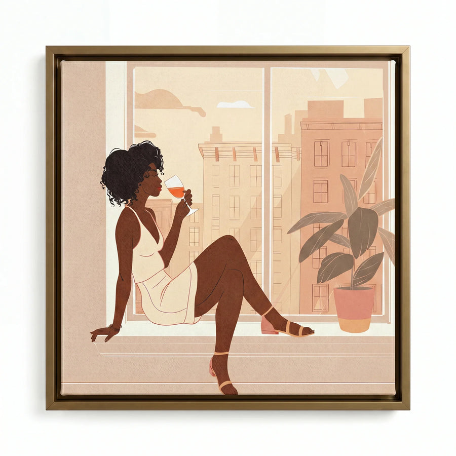 City Sip canvas in gold floating frame, Afrocentric kitchen wall art. Digital mockup.