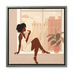 City Sip canvas in silver floating frame, Urban Black aesthetic wall art. Digital mockup.