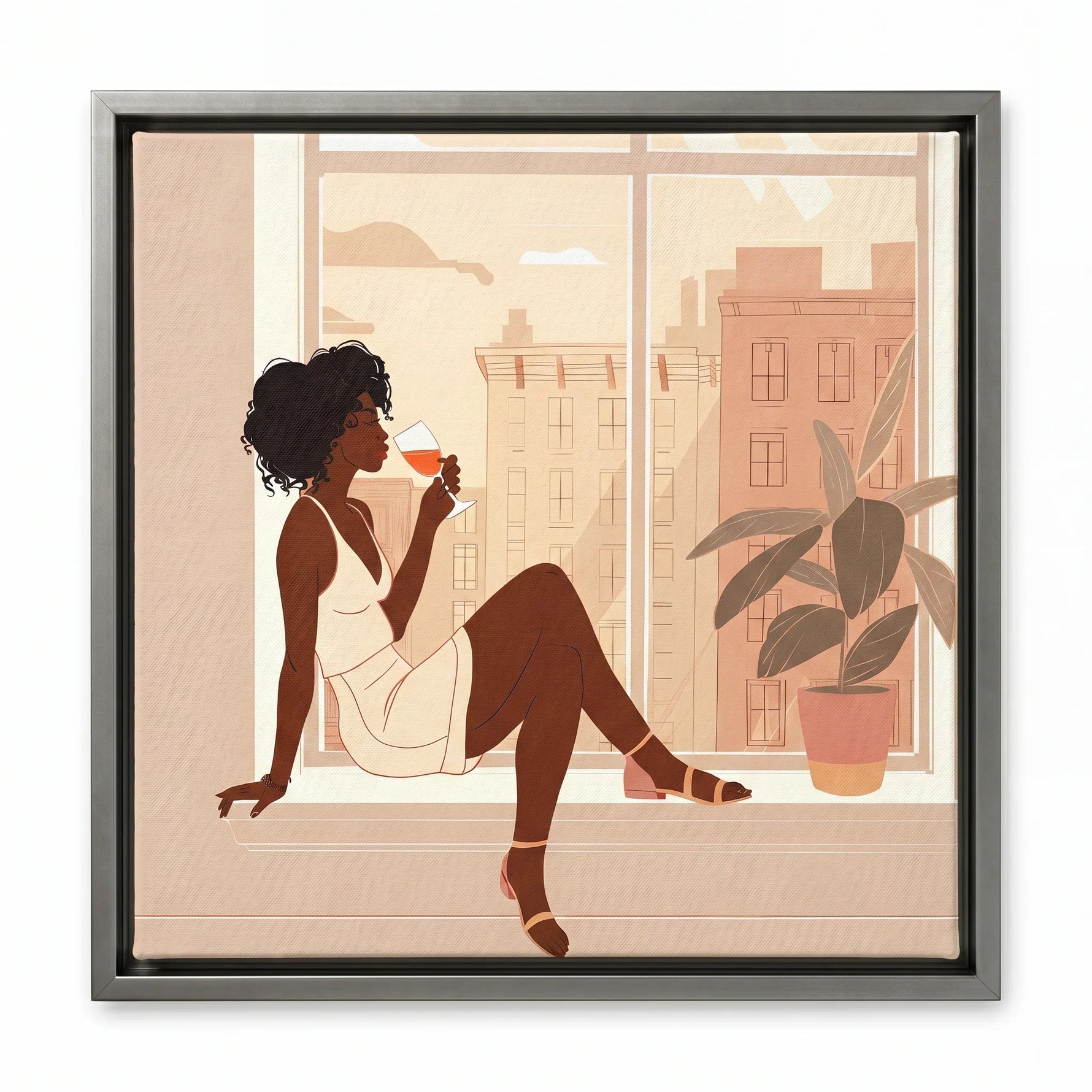 City Sip canvas in silver floating frame, Urban Black aesthetic wall art. Digital mockup.