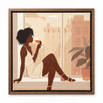 City Sip canvas in walnut floating frame, Afro boho living room art. Digital mockup.