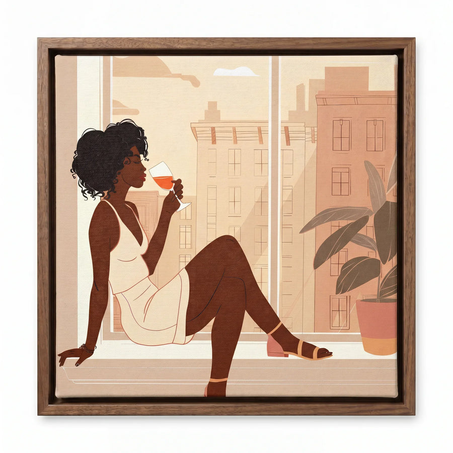 City Sip canvas in walnut floating frame, Afro boho living room art. Digital mockup.