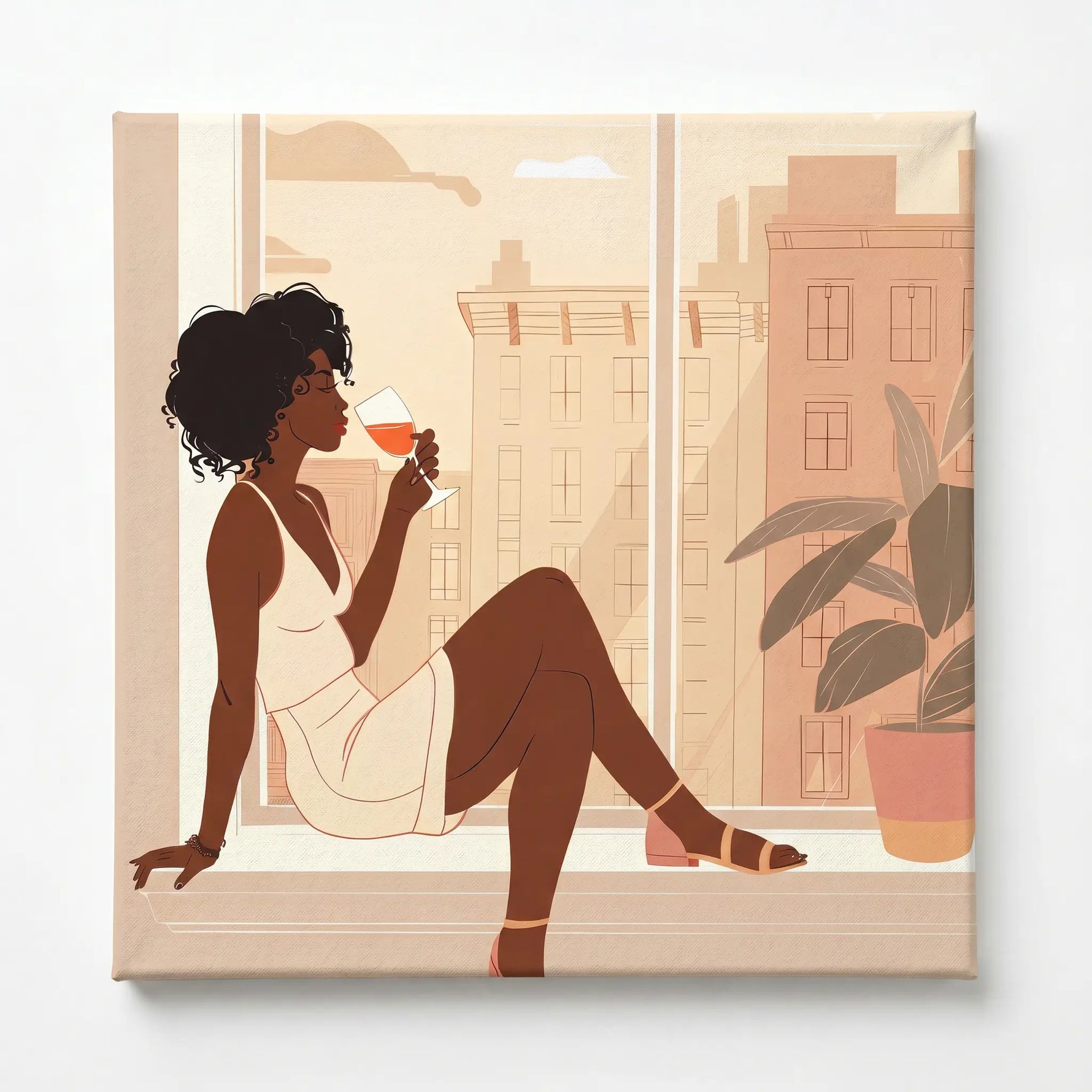 City Sip stretched canvas with gallery wrap edges, Afrohemian home decor wall art. Digital mockup.