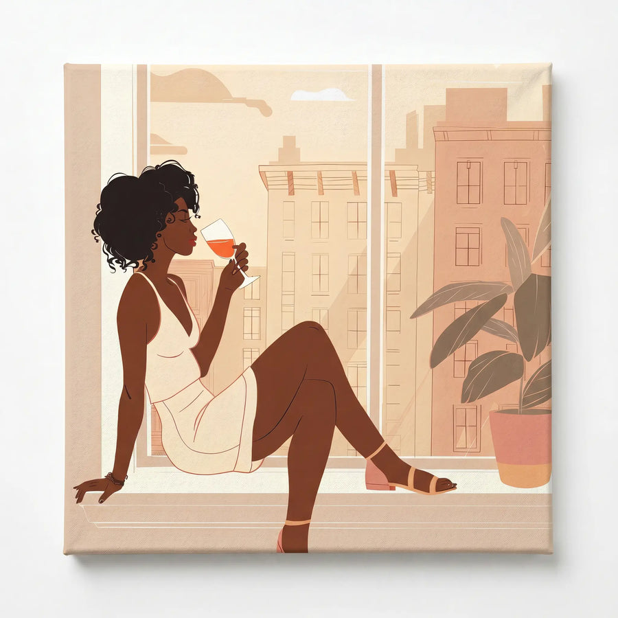 City Sip stretched canvas with gallery wrap edges, Afrohemian home decor wall art. Digital mockup.