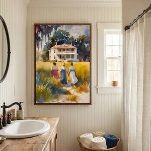 Lowcountry art in farmhouse bathroom with beadboard and brick floor, watercolor of three Black women walking. Digital mockup.