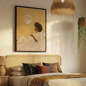 Black girl magic bedroom decor in boho space with cane bed and kente pillows, pregnant Black woman maternity art, watercolor. Digital mockup.