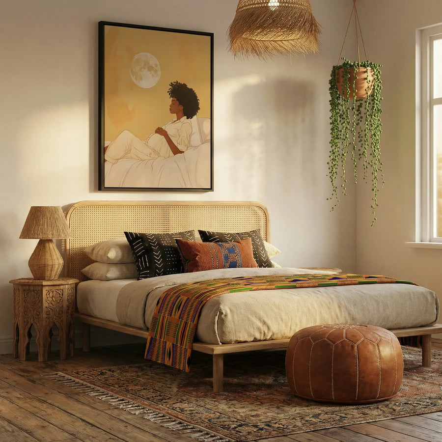 Coastal calm Afrocentric decor in bedroom with Woman gazing at moon painting above rattan bed with kente textiles in boho. Digital mockup.