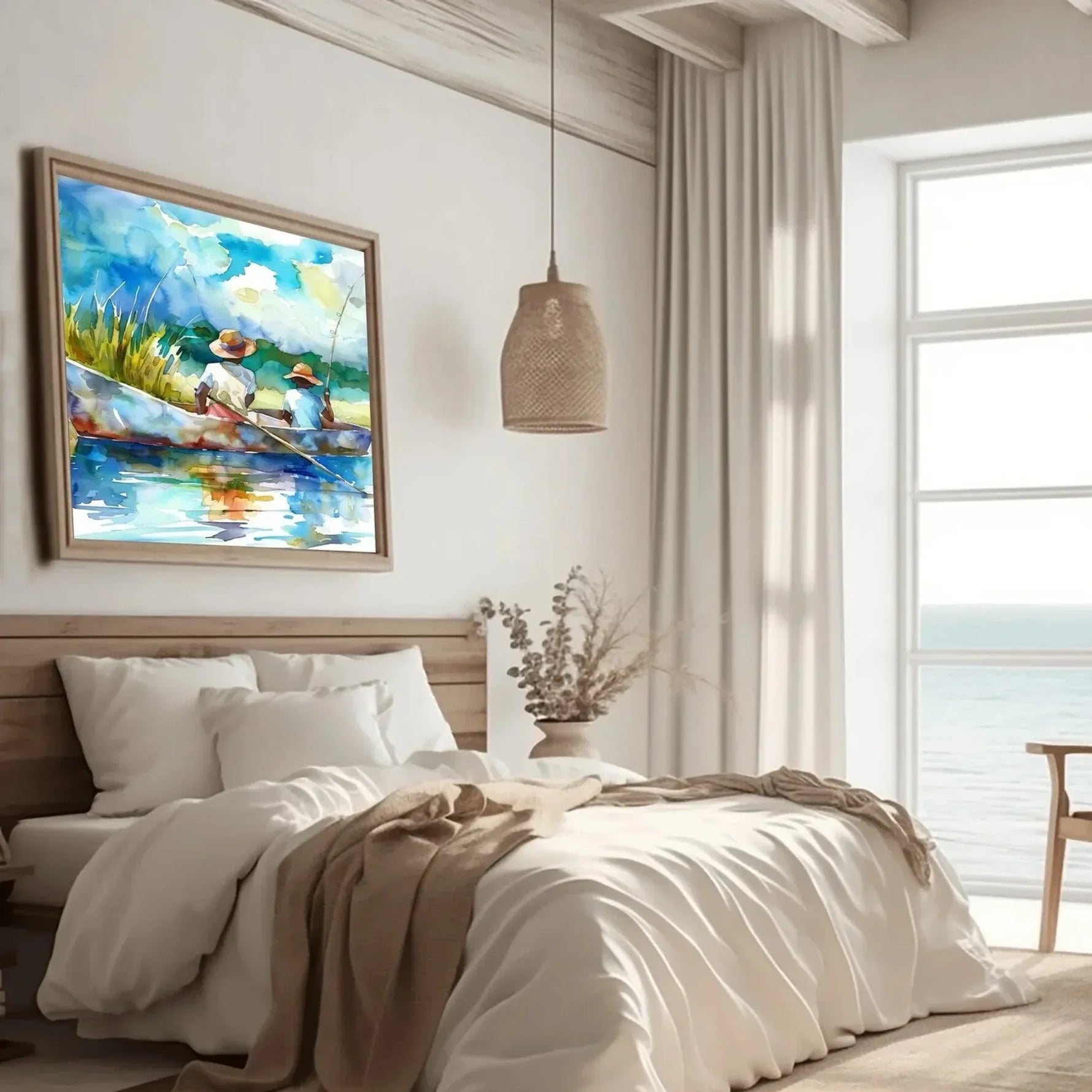 Gullah Geechee art in coastal bedroom with linen bedding and ocean view, two Black boys fishing creek, watercolor. Digital mockup.