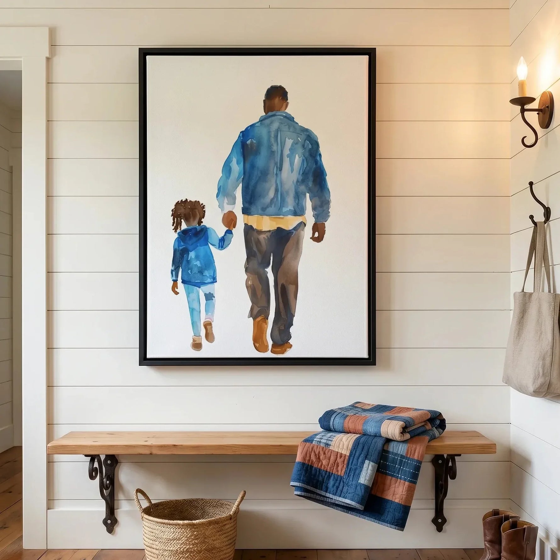 Black farmhouse wall decor in shiplap mudroom with antique bench and basket, Black father and daughter walking watercolor. Digital mockup.