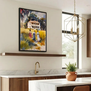 Gullah Geechee art in modern marble kitchen with brass faucet and cognac stools, three Black women walking. Digital mockup.