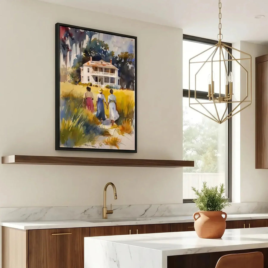 Gullah Geechee art in modern marble kitchen with brass faucet and cognac stools, three Black women walking. Digital mockup.