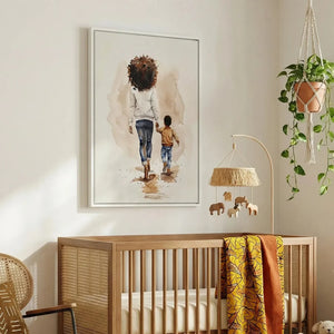Coastal calm Afrocentric decor in scandi nursery with cane crib and kente blanket, watercolor Black mother walking with son. Digital mockup.