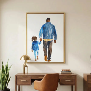 Coastal calm Afrocentric decor in modern home office with walnut desk, watercolor Black father and daughter walking. Digital mockup.