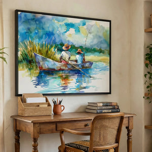 Lowcountry art in boho farmhouse study with farmhouse desk and cane chair, two Black boys fishing in creek watercolor. Digital mockup.