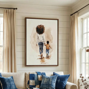 Black art for living room in farmhouse style with shiplap and brick fireplace, watercolor Black mother walking with son. Digital mockup.