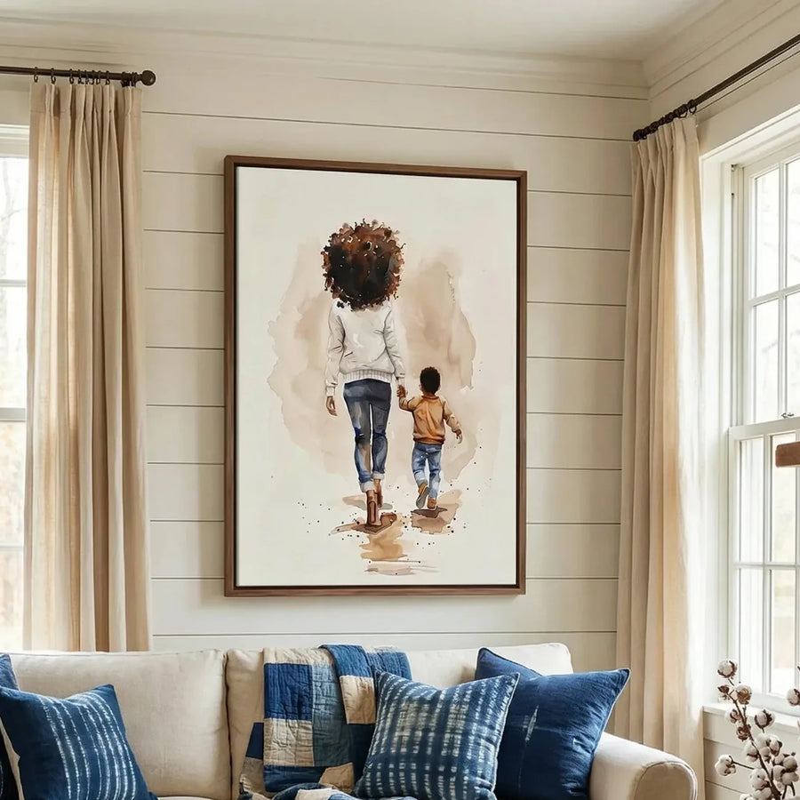 Black art for living room in farmhouse style with shiplap and brick fireplace, watercolor Black mother walking with son. Digital mockup.