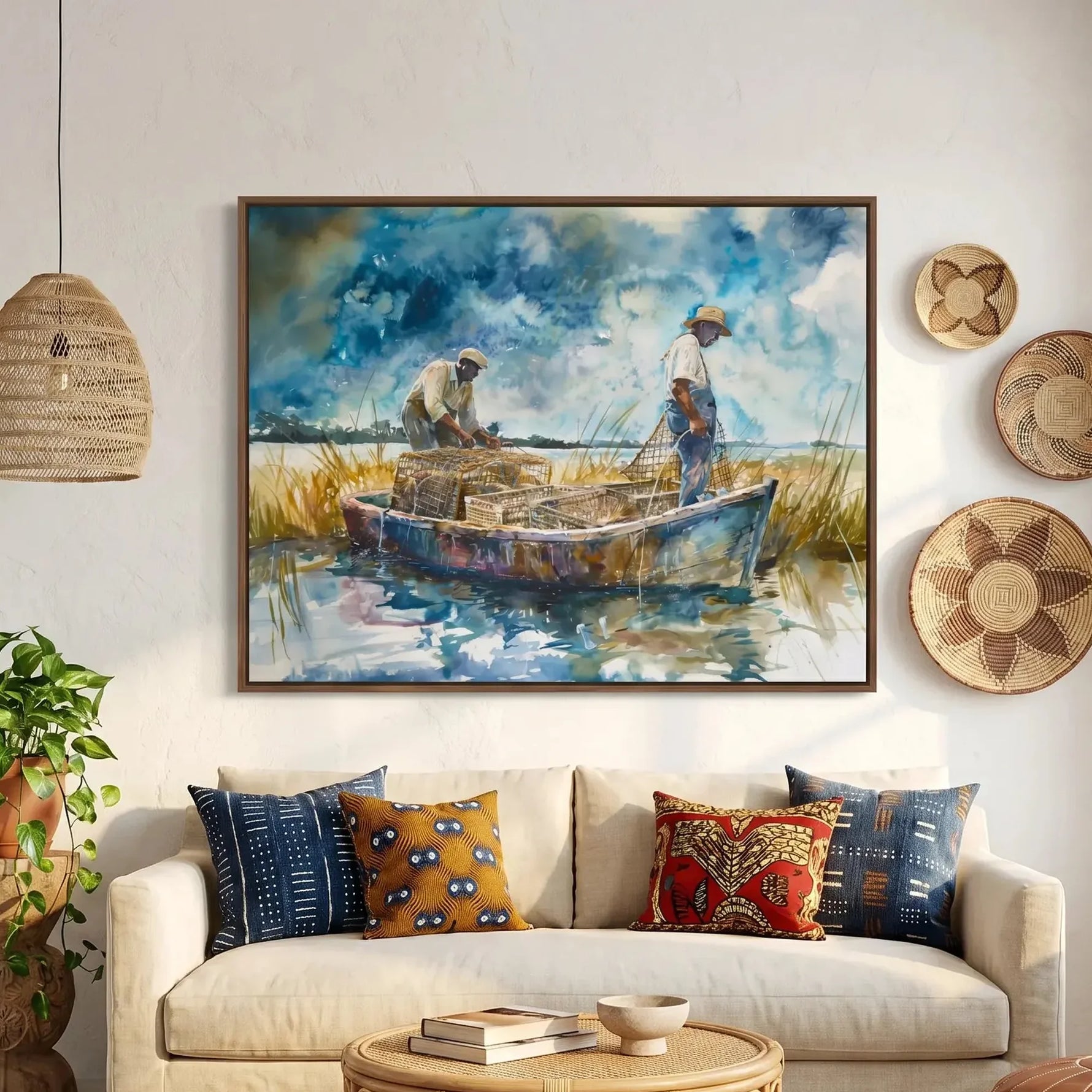 Gullah Geechee lowcountry watercolor in boho living room with mudcloth pillows and African baskets, men crabbing. Digital mockup.