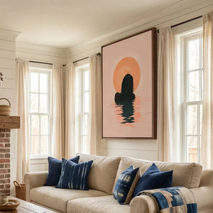 Black art for living room in farmhouse style with shiplap walls and brick fireplace, Black woman swimming at sunrise. Digital mockup.