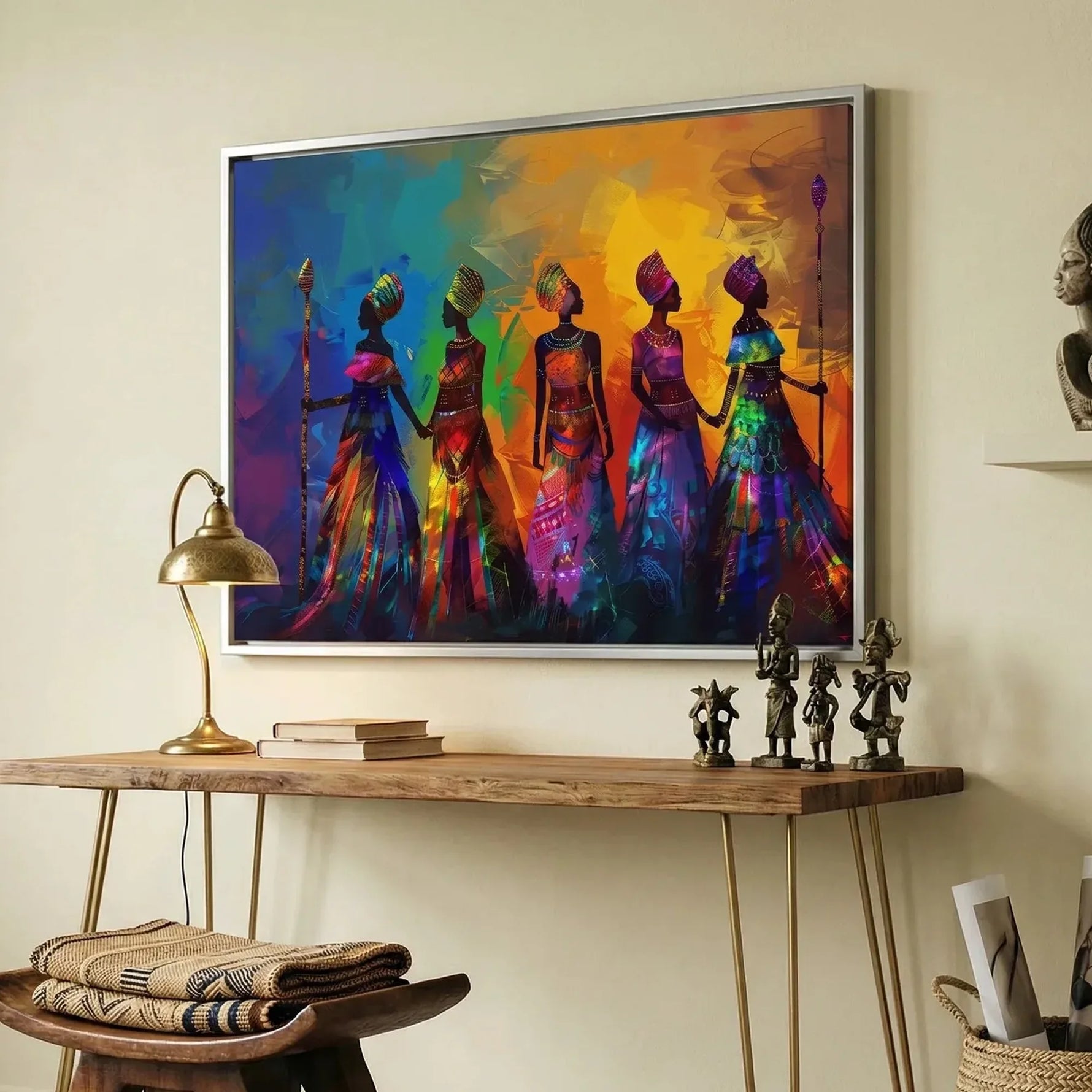 Modern Black art for apartment in modern hallway with walnut hairpin console and brass lamp, colorful tribal African women. Digital mockup.
