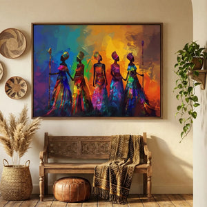 Afrohemian home decor wall art in boho hallway with woven baskets and carved bench, colorful five tribal African women. Digital mockup.