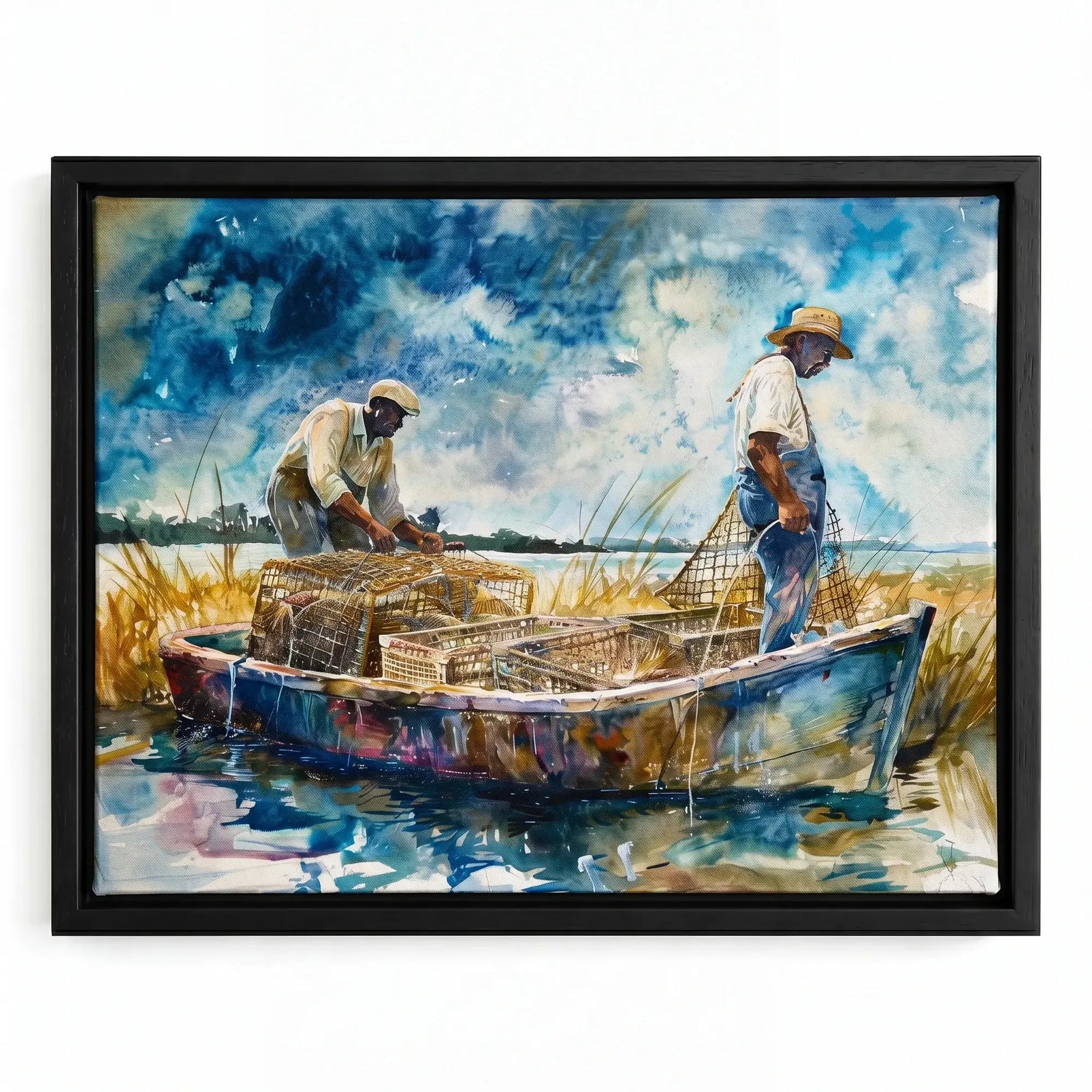 Lowcountry crabbing watercolor in black floating frame, two Black men in boat with crab pots in marsh. Digital mockup.