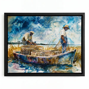 Lowcountry crabbing watercolor in black floating frame, two Black men in boat with crab pots in marsh. Digital mockup.