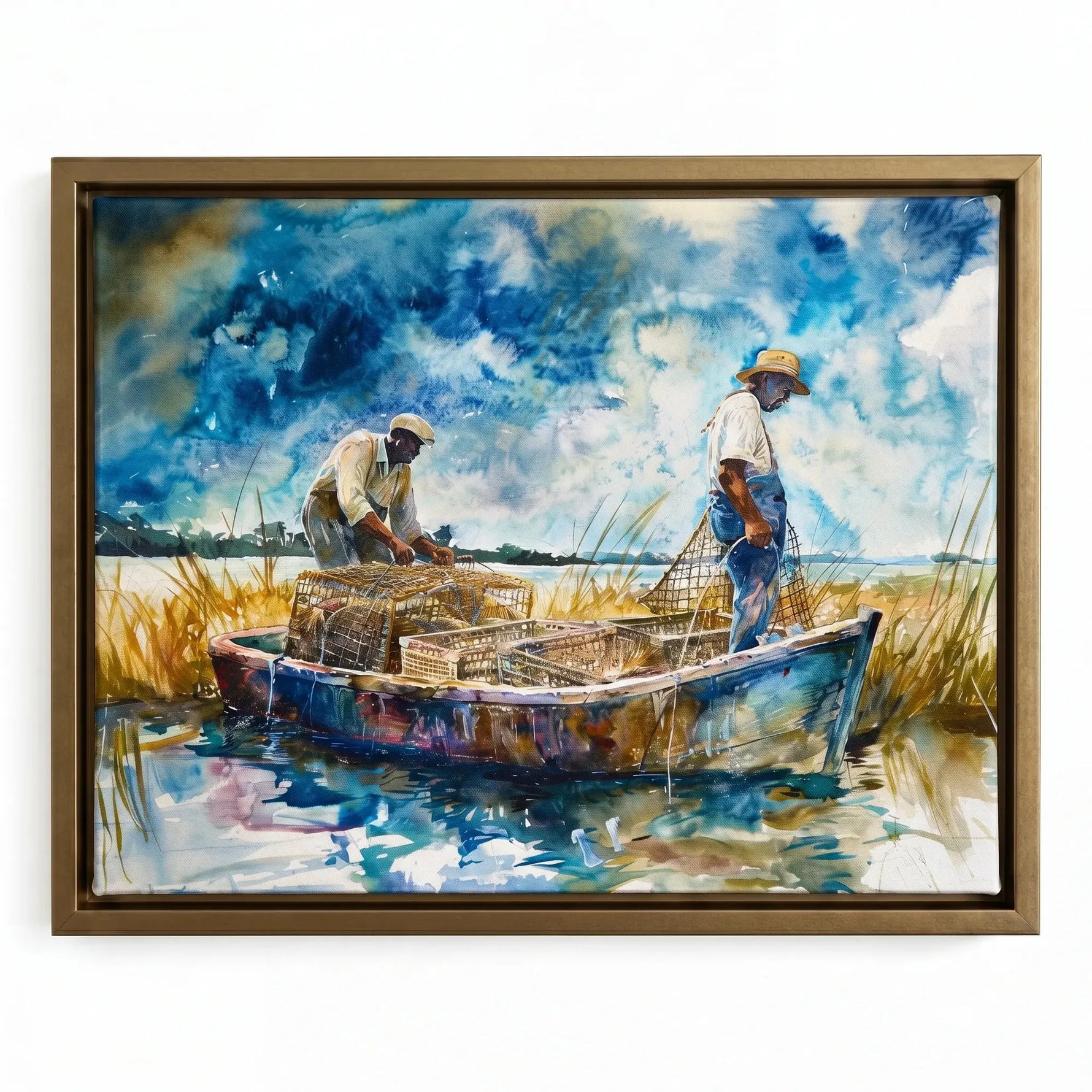 Lowcountry crabbing watercolor in gold floating frame, two Black men crabbing in lowcountry marsh boat. Digital mockup.
