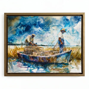 Lowcountry crabbing watercolor in gold floating frame, two Black men crabbing in lowcountry marsh boat. Digital mockup.