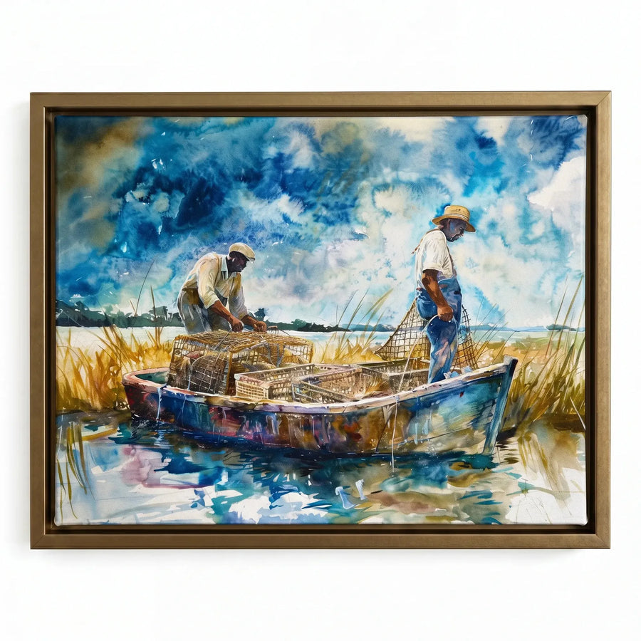Lowcountry crabbing watercolor in gold floating frame, two Black men crabbing in lowcountry marsh boat. Digital mockup.
