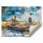 Lowcountry crabbing watercolor rolled canvas print ready for custom framing, Black men crabbing. Digital mockup.