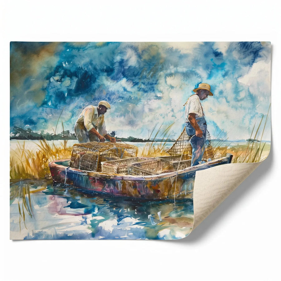 Lowcountry crabbing watercolor rolled canvas print ready for custom framing, Black men crabbing. Digital mockup.