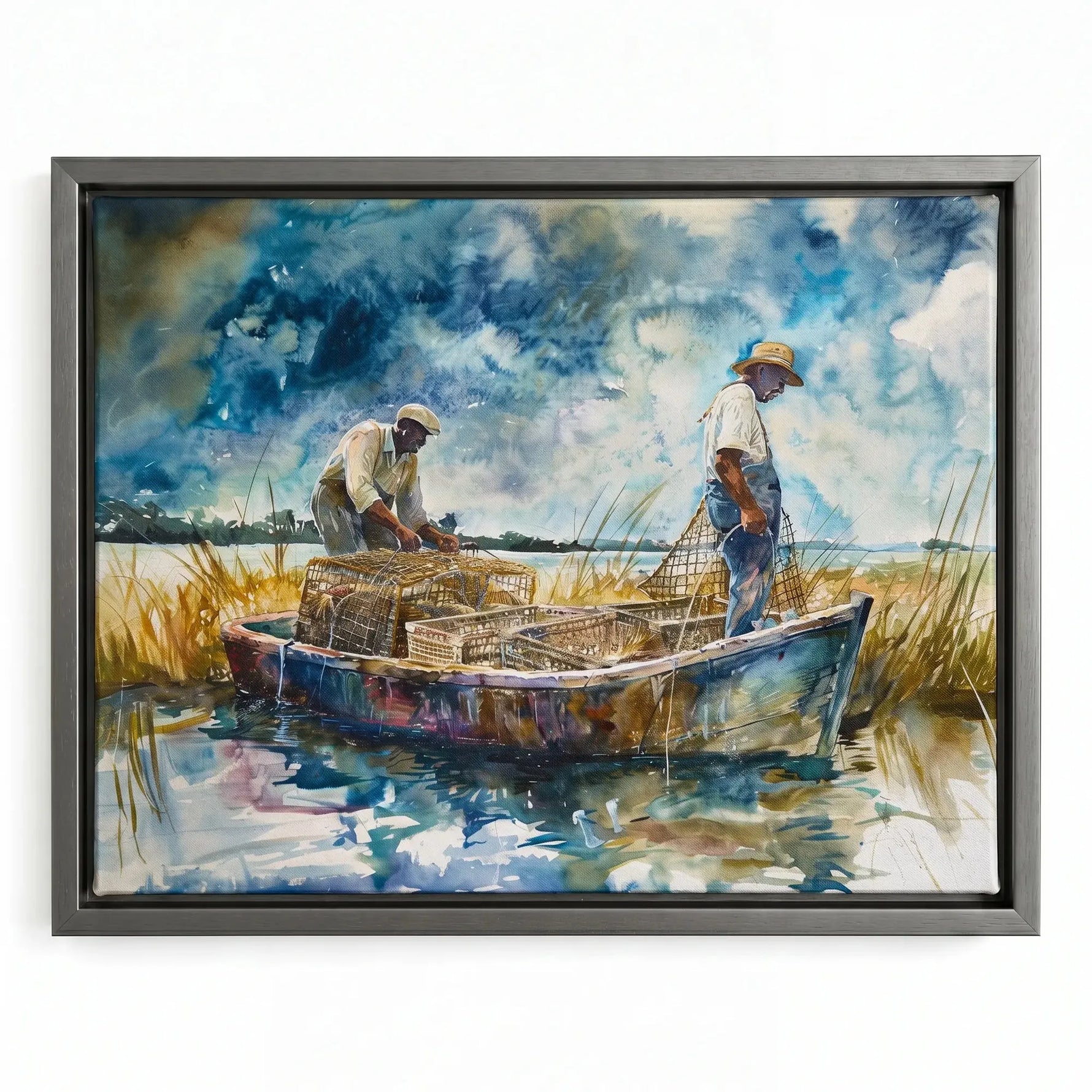 Lowcountry crabbing watercolor in silver floating frame, modern watercolor of Black men crabbing in boat. Digital mockup.