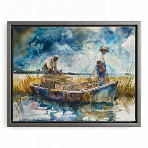 Lowcountry crabbing watercolor in silver floating frame, modern watercolor of Black men crabbing in boat. Digital mockup.