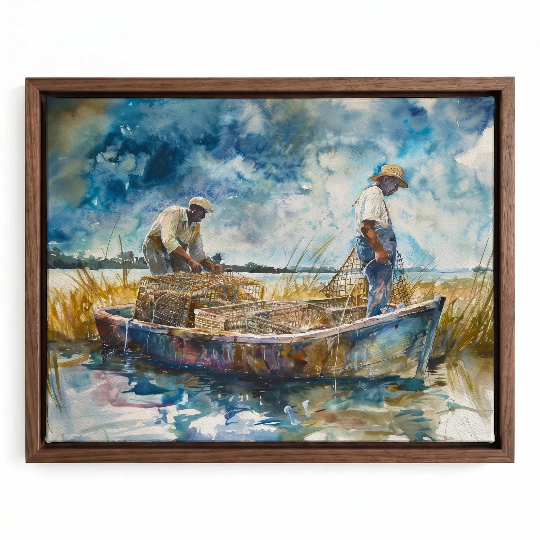 Lowcountry crabbing watercolor in walnut floating frame, Gullah Geechee men crabbing in marsh. Digital mockup.