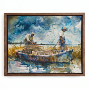 Lowcountry crabbing watercolor in walnut floating frame, Gullah Geechee men crabbing in marsh. Digital mockup.