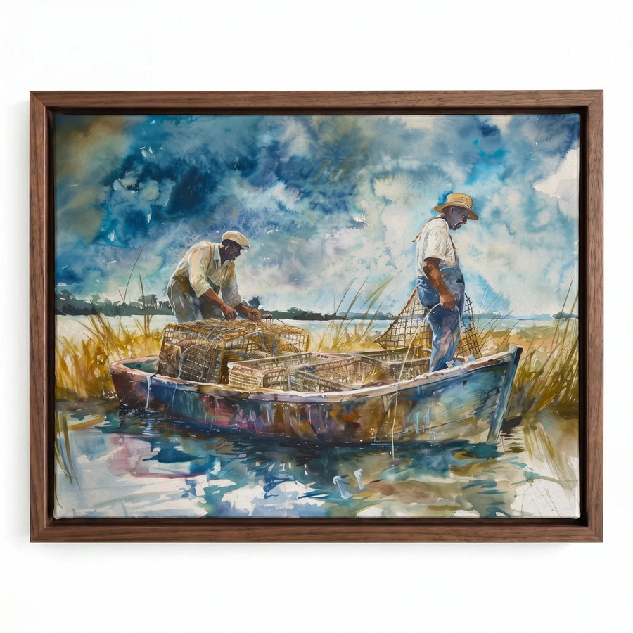 Lowcountry crabbing watercolor in walnut floating frame, Gullah Geechee men crabbing in marsh. Digital mockup.