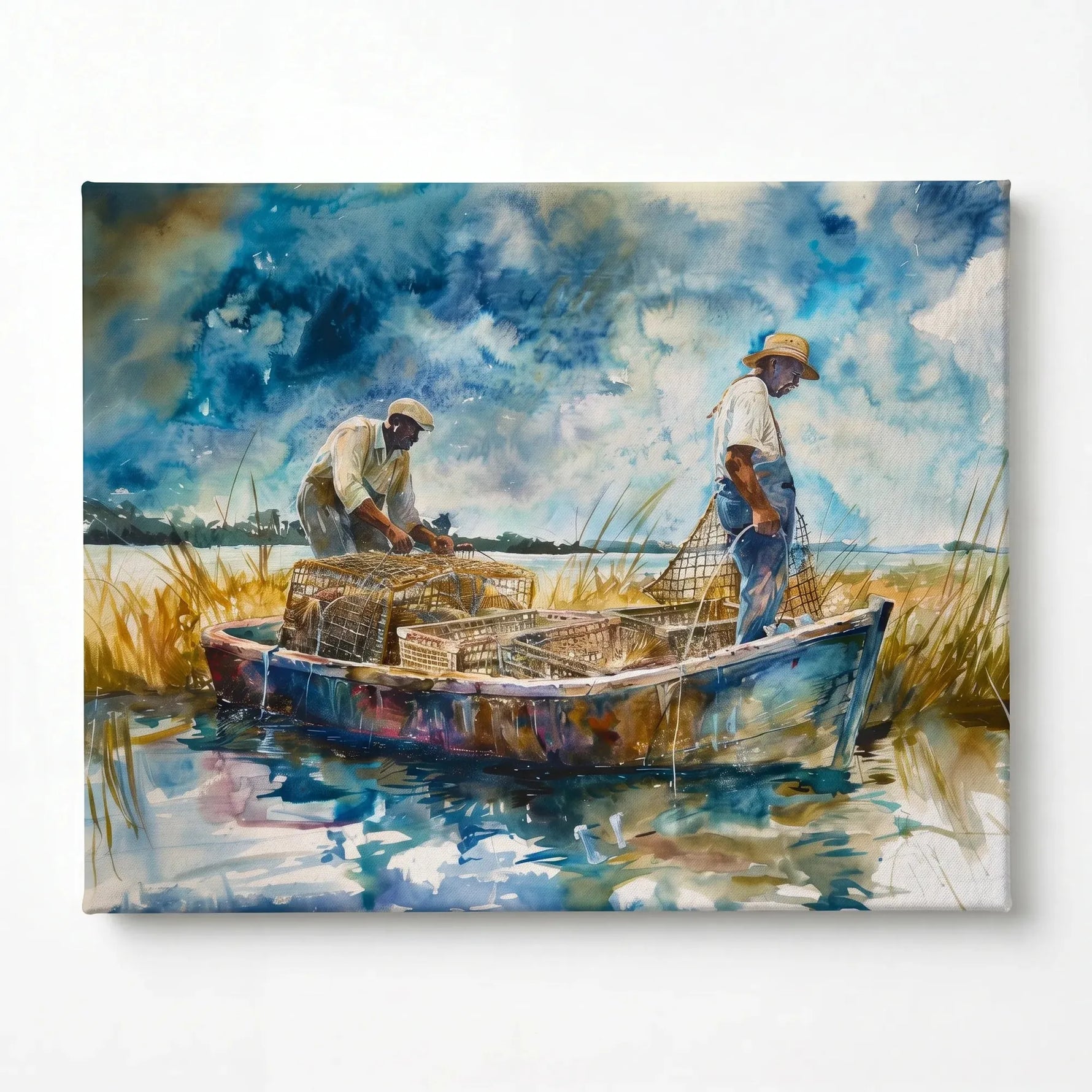 Lowcountry crabbing watercolor stretched canvas, ready to hang. Two Black men in boat with crab pots in tidal marsh. Digital mockup.