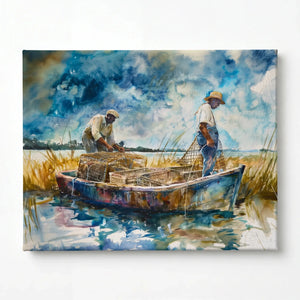 Lowcountry crabbing watercolor stretched canvas, ready to hang. Two Black men in boat with crab pots in tidal marsh. Digital mockup.