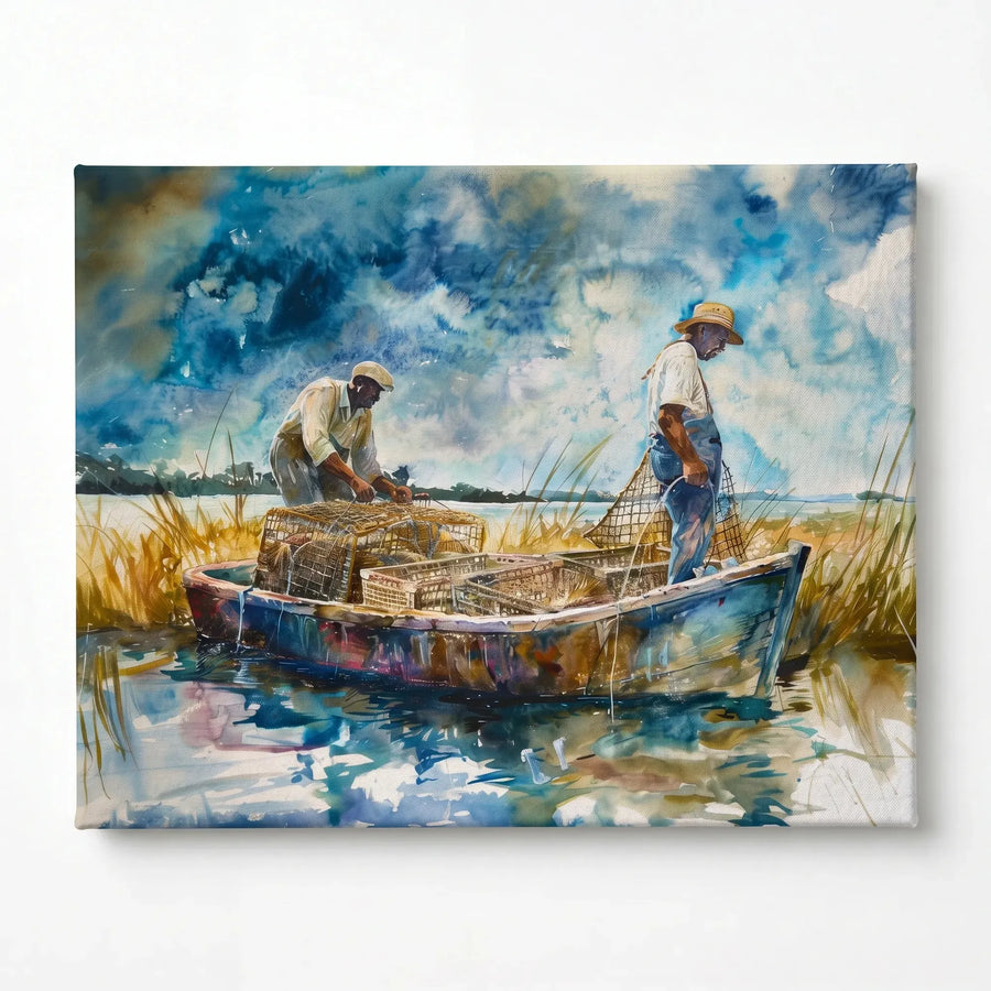 Lowcountry crabbing watercolor stretched canvas, ready to hang. Two Black men in boat with crab pots in tidal marsh. Digital mockup.