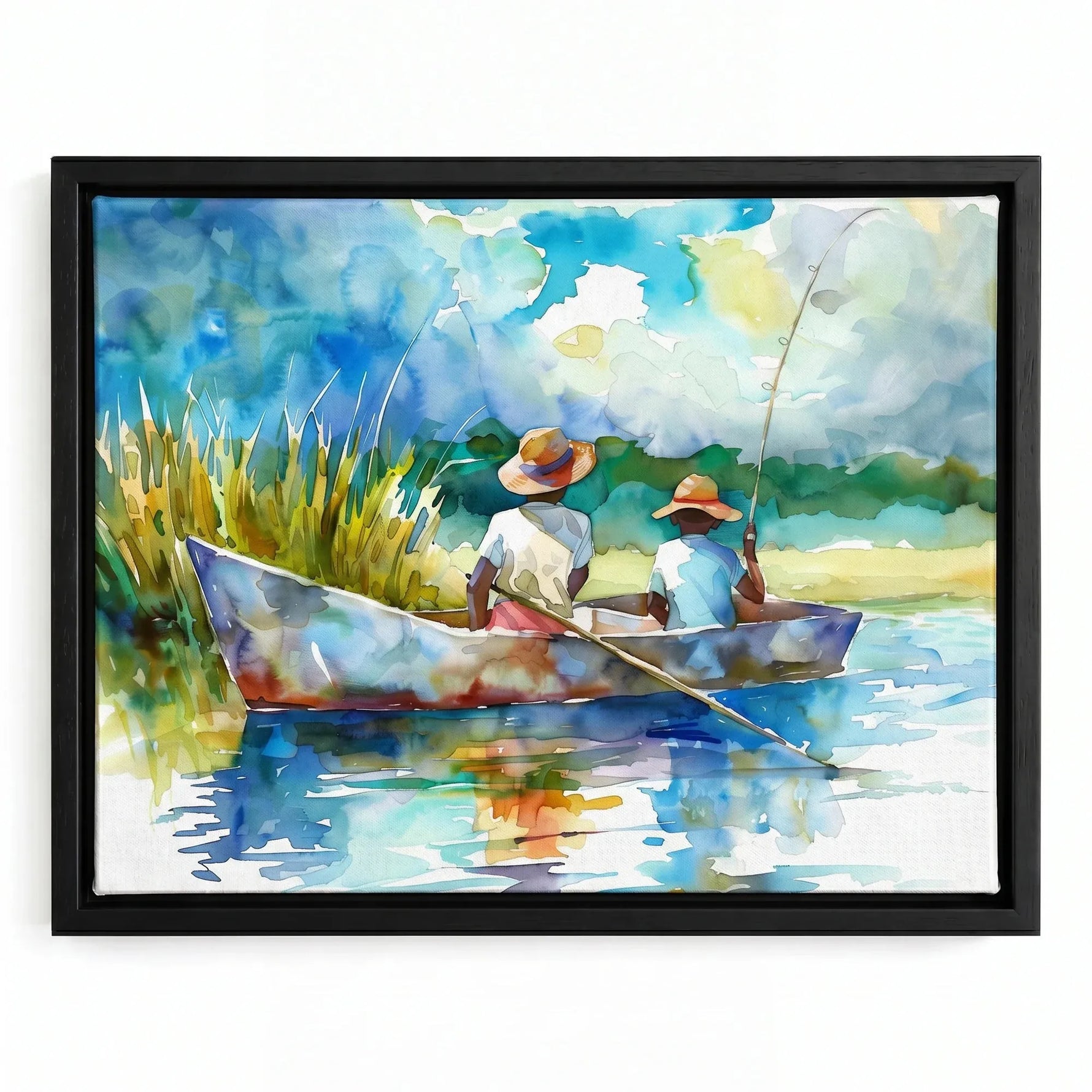 Gullah Geechee art in black floating frame, watercolor of two Black boys in straw hats fishing in lowcountry creek boat. Digital mockup.