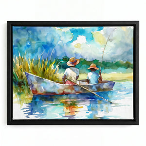 Gullah Geechee art in black floating frame, watercolor of two Black boys in straw hats fishing in lowcountry creek boat. Digital mockup.