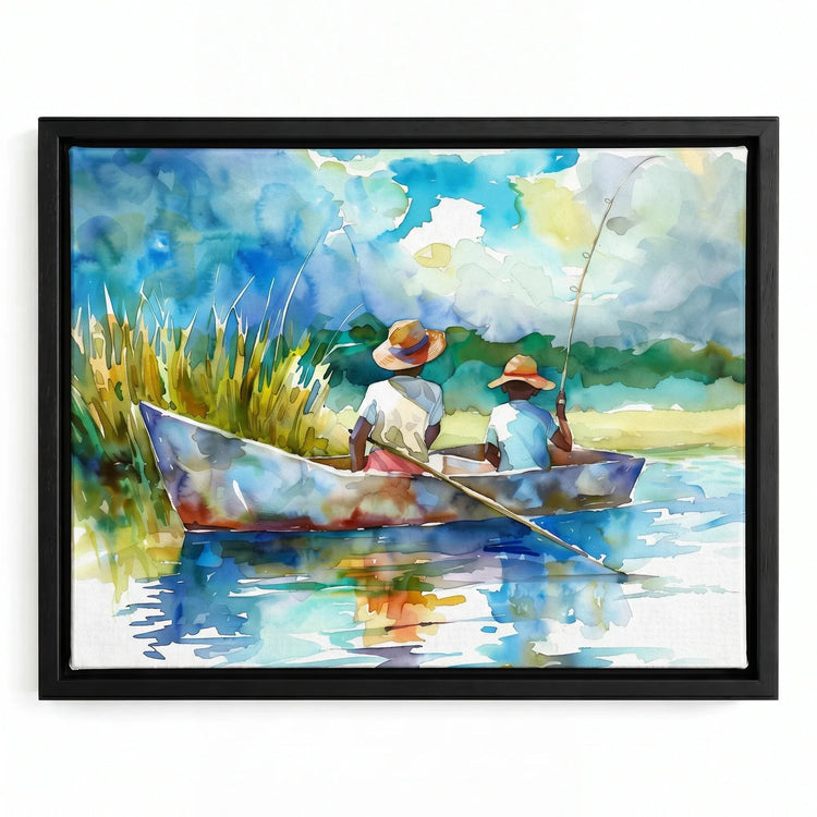 Gullah Geechee art in black floating frame, watercolor of two Black boys in straw hats fishing in lowcountry creek boat. Digital mockup.