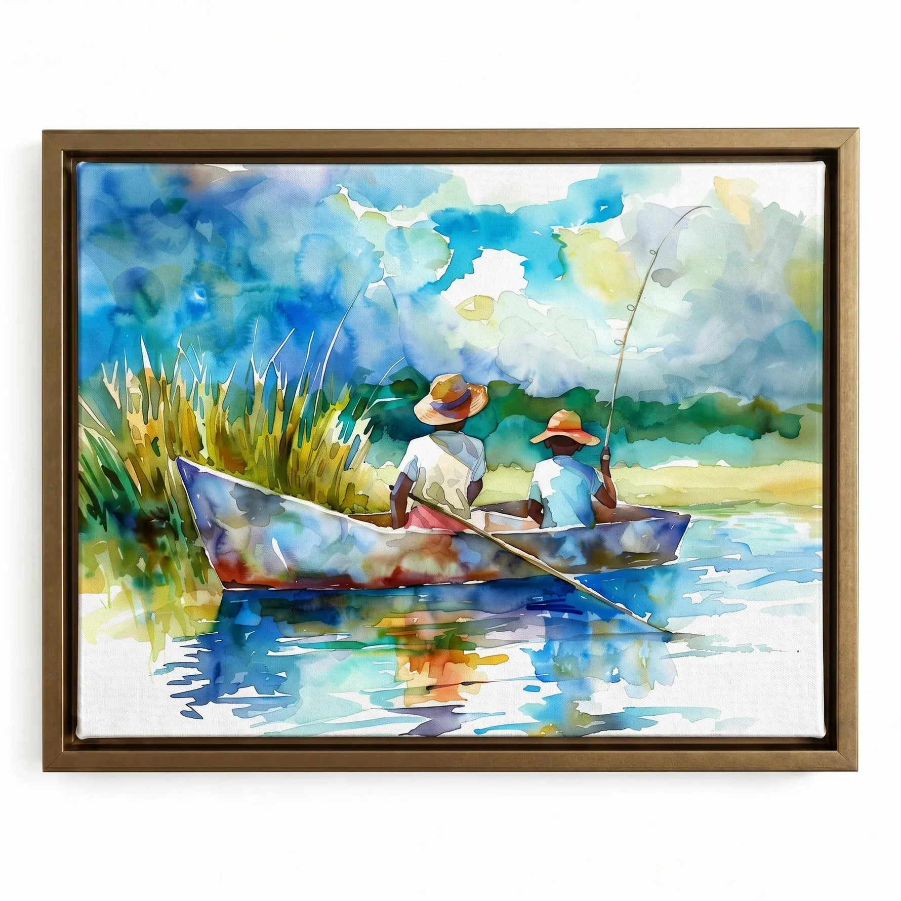 Gullah Geechee art in gold floating frame, vibrant watercolor of two Black boys in straw hats fishing in creek. Digital mockup.