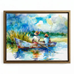 Gullah Geechee art in gold floating frame, vibrant watercolor of two Black boys in straw hats fishing in creek. Digital mockup.