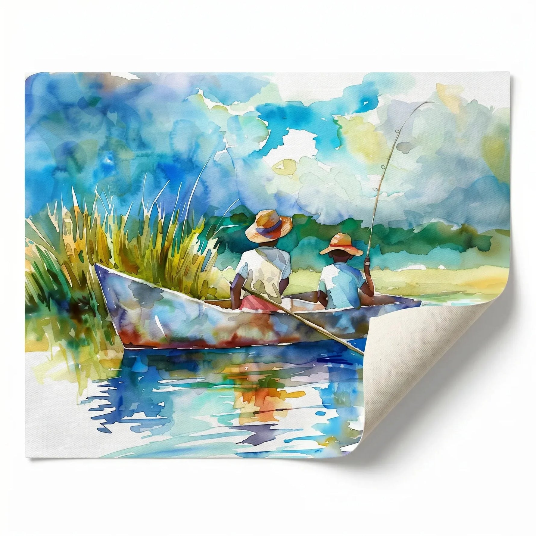 Gullah Geechee art rolled canvas print ready for custom framing, two Black boys fishing in creek boat watercolor. Digital mockup.