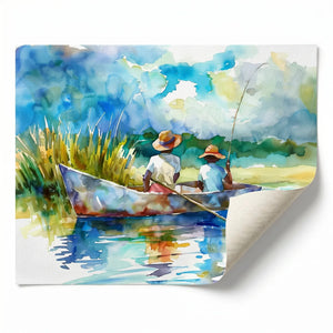 Gullah Geechee art rolled canvas print ready for custom framing, two Black boys fishing in creek boat watercolor. Digital mockup.