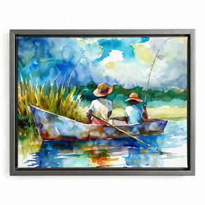 Gullah Geechee art in silver floating frame, modern watercolor of two Black boys fishing in lowcountry creek. Digital mockup.