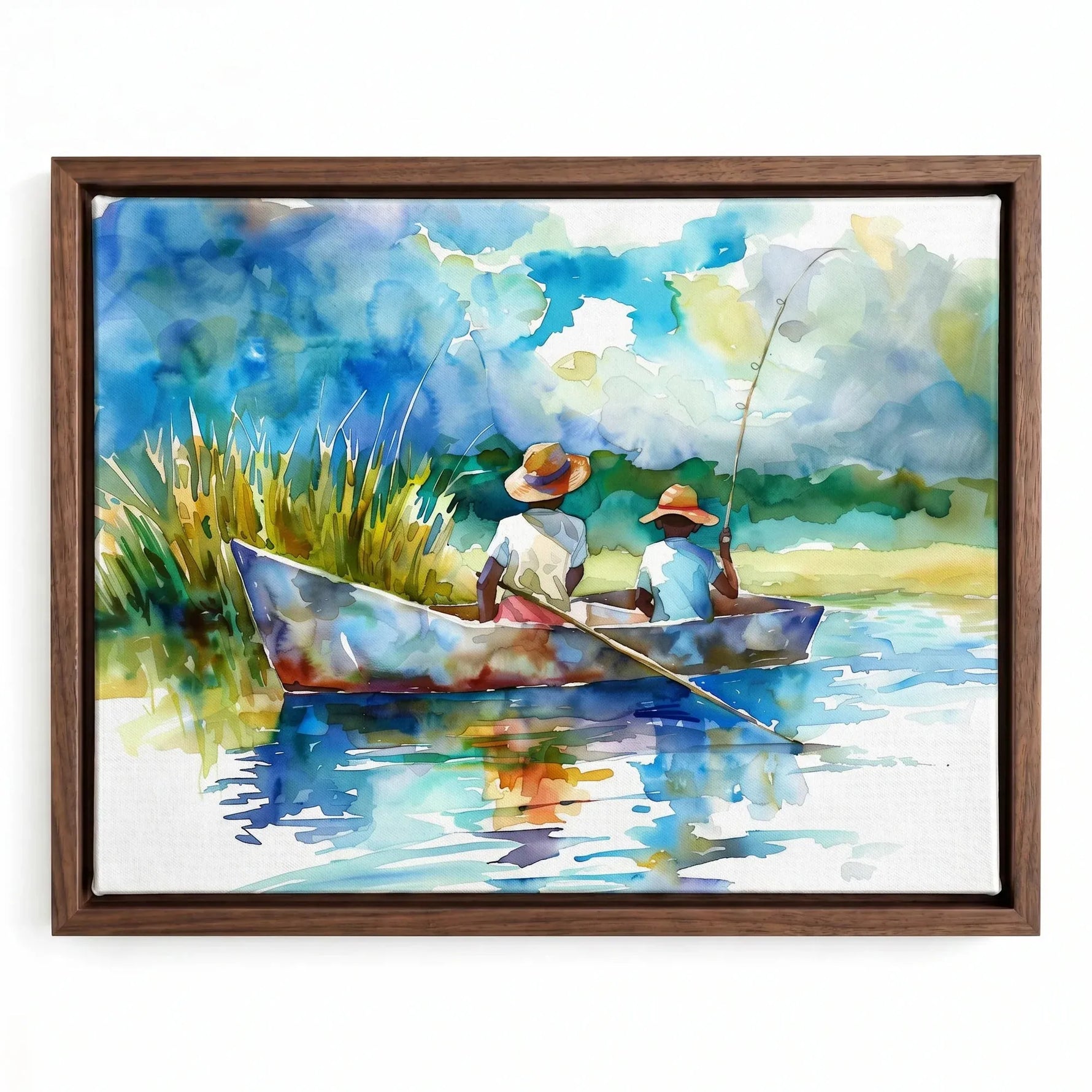Gullah Geechee art in walnut floating frame, watercolor of two Black boys fishing in marsh creek boat. Digital mockup.