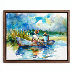 Gullah Geechee art in walnut floating frame, watercolor of two Black boys fishing in marsh creek boat. Digital mockup.