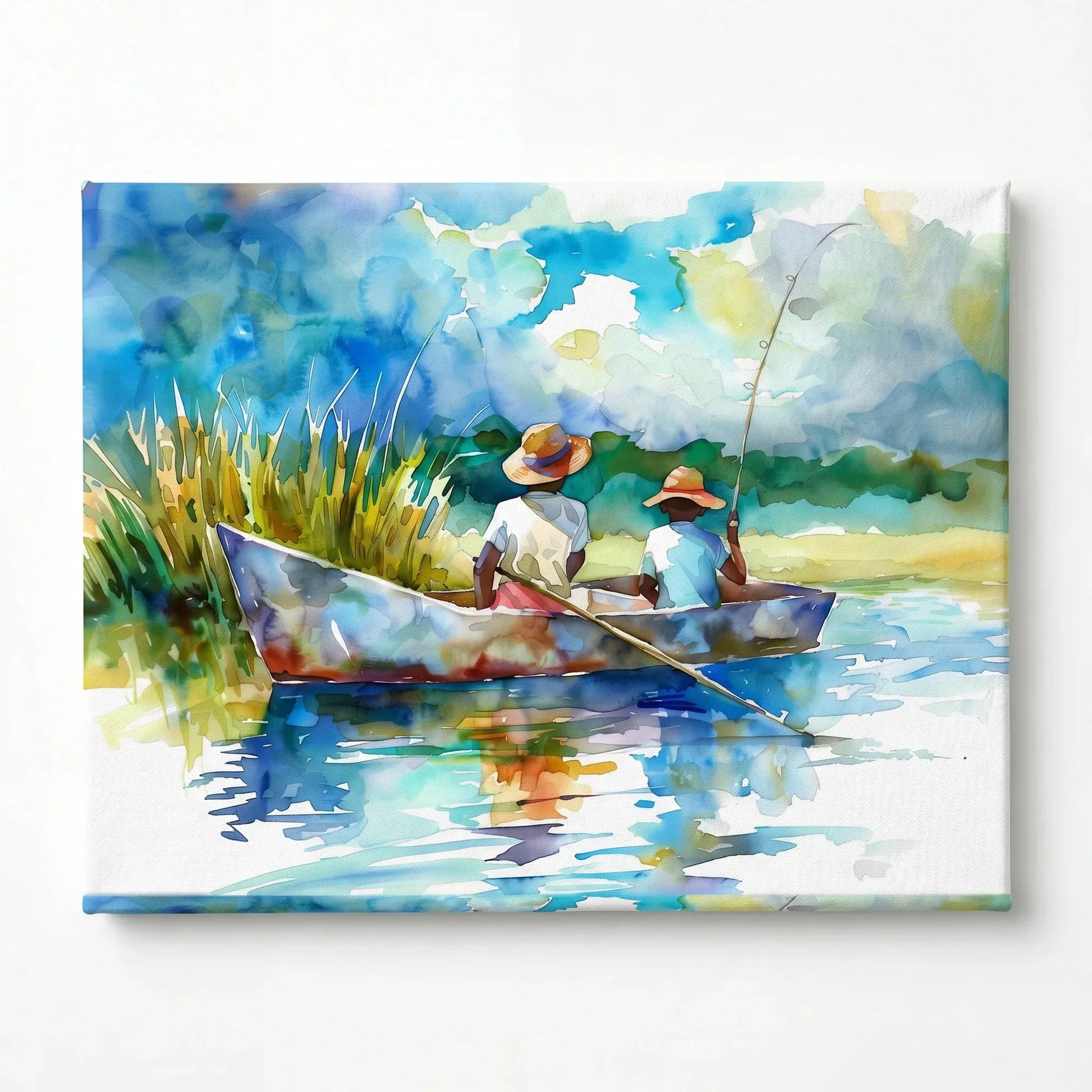 Gullah Geechee art stretched canvas, ready to hang. Watercolor of two Black boys fishing in lowcountry creek boat. Digital mockup.