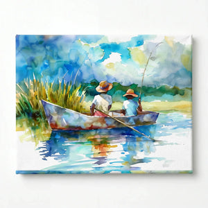 Gullah Geechee art stretched canvas, ready to hang. Watercolor of two Black boys fishing in lowcountry creek boat. Digital mockup.